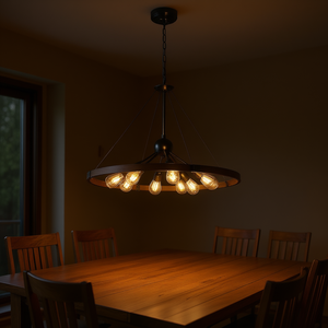 Lámpara Colgante Industrial Rústica de 8 Luces, 32 Pulgadas, Cadena Ajustable, Iluminación para Comedor, Acabado en Madera y Metal, Base para Bombilla E26 - Product Image 2