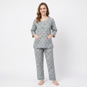 Ensemble de pyjama pour femmes 100% coton, manches trois-quarts, imprimé floral, taille élastique, décontracté, respirant, logo sur le devant, vêtements de nuit d'été - Product Image 1