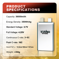Batterie Li-ion Kuenopower 350 Wh/kg 36 Ah, longue autonomie, légère, 36 000 mAh, cellules semi-solides en pochette, décharge 10C