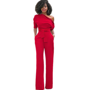 Sexy un hombro sólido Casual mamelucos mujer <span class=keywords><strong>mono</strong></span> verano sin mangas cinturón pierna ancha elegante señora nuevo tamaño Bodycon monos - Product Image 1