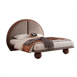 Giường ngủ bằng vải len cừu cao cấp phong cách retro, đầu giường hình bán nguyệt với lớp bọc lông cừu mềm mại & chân giường bằng gỗ hình cầu - Product Image 3