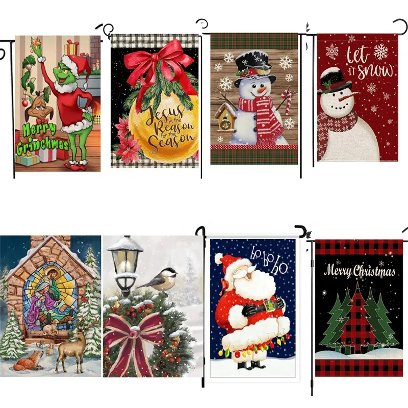 OEM Custom 12x18 Inches Polyester Garden Flags Double Sided Christmas Linen Cloth Yard Decoration Sublimation Printed 1pc/opp