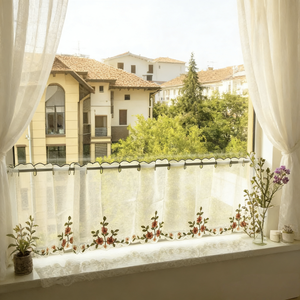 Tenda Corta Trasparente <span class=keywords><strong>con</strong></span> Ricamo a Rose e Bordo in Pizzo Ondulato, <span class=keywords><strong>con</strong></span> Tasca per Asta, per Cucina, Balcone, Caffetteria, Arredamento Casa - Product Image 2