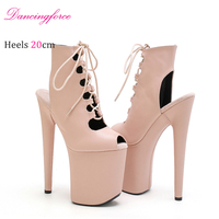 Chaussures de pole dance sexy à plateforme et talon fin de 20 cm, beige mat, à lacets et fermeture éclair, bout ouvert, style gladiateur, antidérapantes, rehaussantes