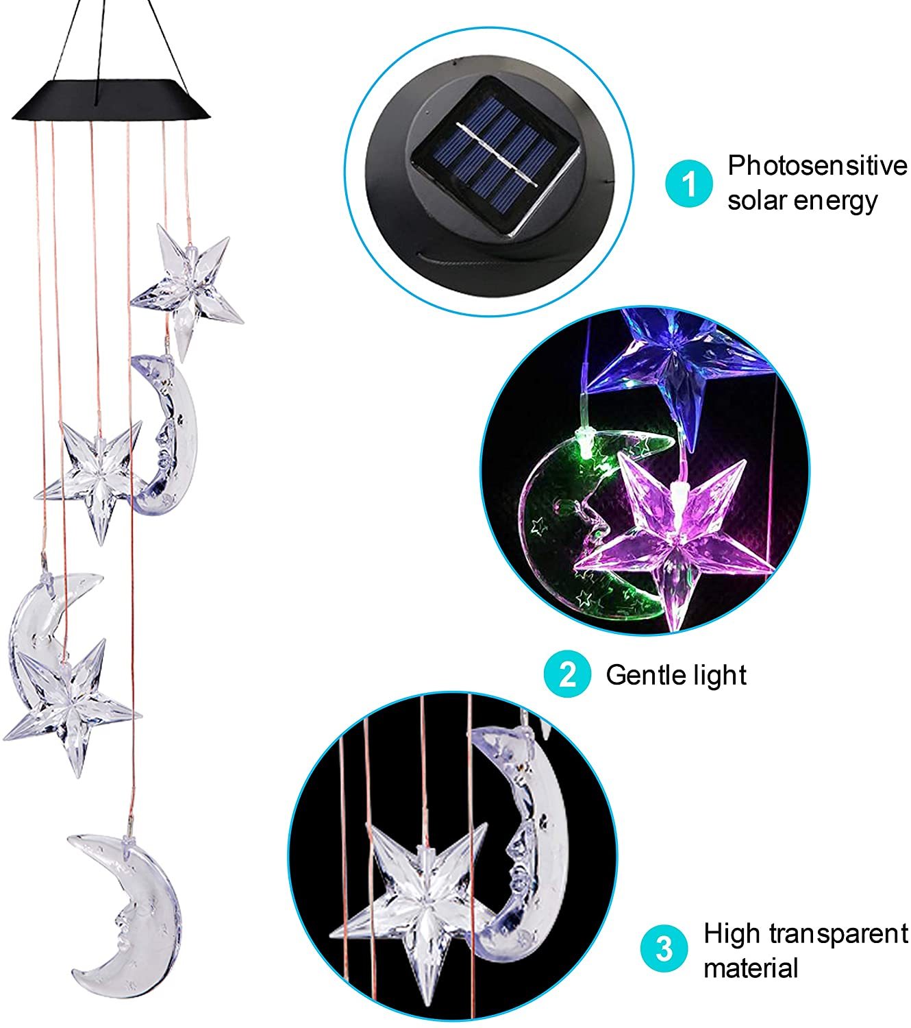 LED portátil colgando a las estrellas y a la luna vacaciones Solar campanas de viento