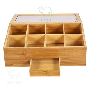 <b>Acrylic</b> Lid Jewelry Box Organizer Moso Bamboo Wooden Tea Bag Box With <b>Drawer</b> Afternoon Tea Box - Product Image 4