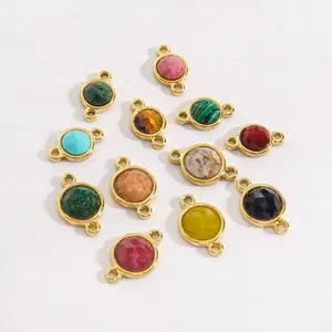 14K Stainless Steel Gold Plated Crystal Healing Stone Round Charm Pendant Connector Gemstone Double Bail Link Connector