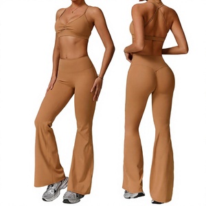 Solid High Waist Flared <b>Leggings</b> With Ruched Butt Lift Design <b>For</b> <b>Women</b> Yoga Sport Pants Seamless Four Way Stretch Full Length - Product Image 4