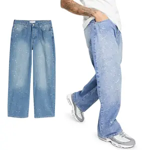 Vintage Blauw Faded Denim Mannen Broek 100% Katoen Verf Ploetert Baggy Jeans Custom Jeans Voor Mannen