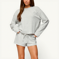 Ensemble de vêtements de détente pour femmes personnalisé, imprimé rayé d'été, haut ample à manches longues, short à cordon de serrage, tenue décontractée en 2 pièces, coton doux