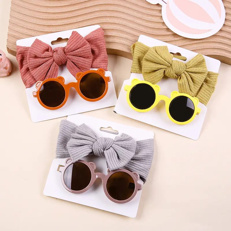 Nouveau bébé cheveux accessoires ensemble tricoté élastique rayure papillon noeud bandeau lunettes de soleil deux pièces ensemble