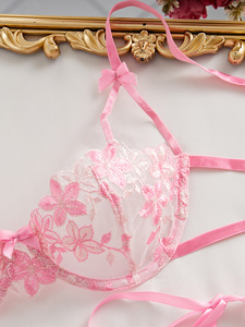 Wholesale Pink Floral Embroidery Lace Lingerie <b>Set</b> <b>Sexy</b> Sheer Mesh Underwire Bra and Tie Side Thong Panties <b>Set</b> <b>Sexy</b> Bra <b>Set</b> - Product Image 5
