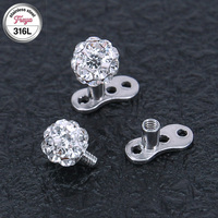 Perhiasan Tindik Kulit Freya 316L Stainless Steel dengan Kristal Bola, Micro Dermal Stud untuk Tindik Tubuh