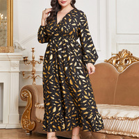 Robe longue élégante pour femme grande taille, imprimé plumes dorées, tissée, col en V, manches longues, ourlet évasé à volants, couleur contrastante, naturelle