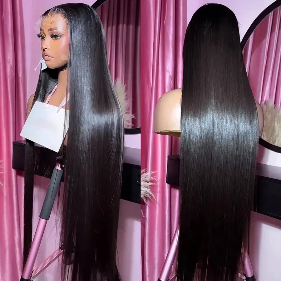 34 36 38 40 Zoll Echthaar Perücken für schwarze Frauen Straight Body Wasserwelle Virgin Raw Indian Hair Lange Spitze Front Perücken Großhandel