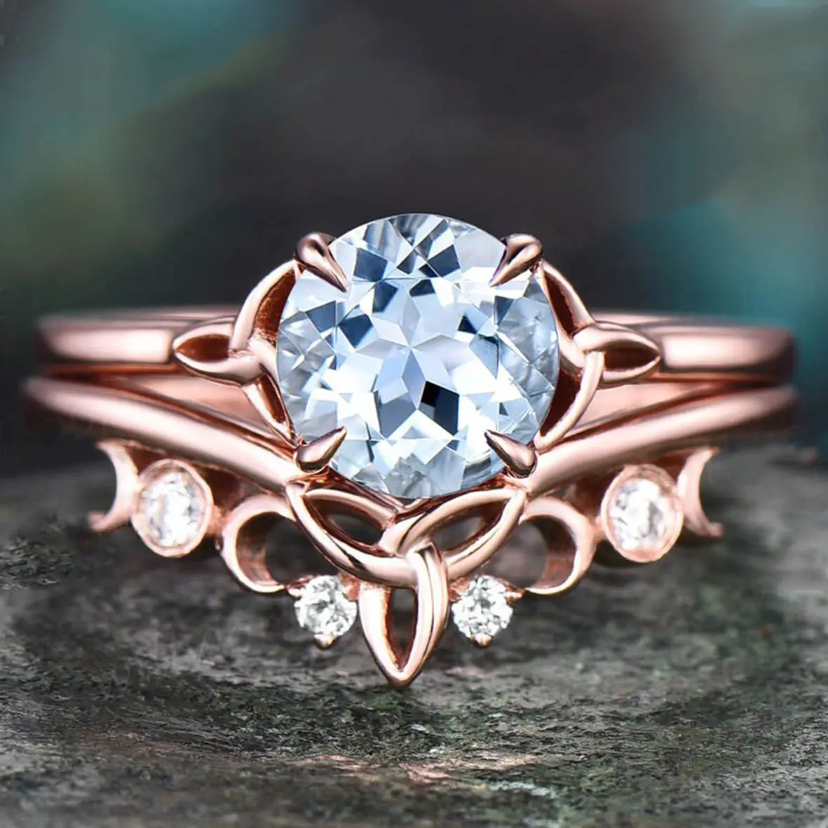 March Birthstone Vintage Unique S925 Gold Women Solitaire Aquamarine Flower Ring Set Engagement Delicate Fantastic Jewelry Rings