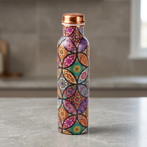 Carafe à imprimé floral, bouteille d'eau en cuivre à motif bohème avec couvercle, vaisselle portable pour les voyages - Product Image 1