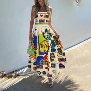 Abito lungo estivo da <span class=keywords><strong>donna</strong></span> con stampa geometrica boho, spalline sottili e linea ad A, casual, con schizzi di colore a contrasto - Product Image 1