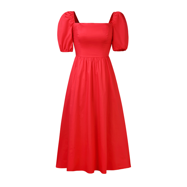 2023 Summer Holiday Custom Casual Knee-Length Sweet Solid Red Sexy Women's Dress Zippers Breathable Eco-Friendly 100% Cotton