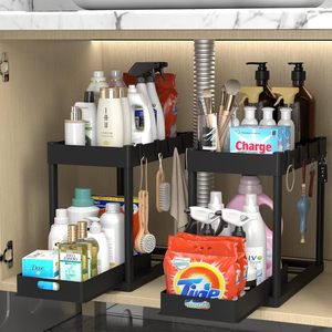 Sink Organizers and Storage, 2 Pack Pull Out Kitchen Bathroom Cabinet Organize,<strong>Under</strong> Counter Storage Organizer with Hooks - Product Image 3