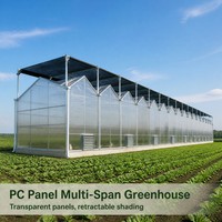 Serre en panneaux de polycarbonate en acier galvanisé à toit translucide multi-voûtes avec système de contrôle climatique et ombrage rétractable