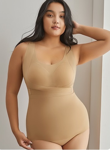 Tummy-Control Seamless Shapewear Bodysuit: side profile showing zones and edge stability