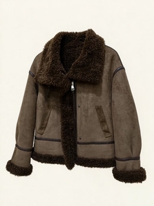 Giacca da motociclista da donna all'ingrosso in finta pelle scamosciata con fodera in <span class=keywords><strong>pelliccia</strong></span> sintetica, antivento, traspirante, con risvolto vintage e cerniera, con finiture in <span class=keywords><strong>pelliccia</strong></span> sintetica, autunnale - Product Image 4