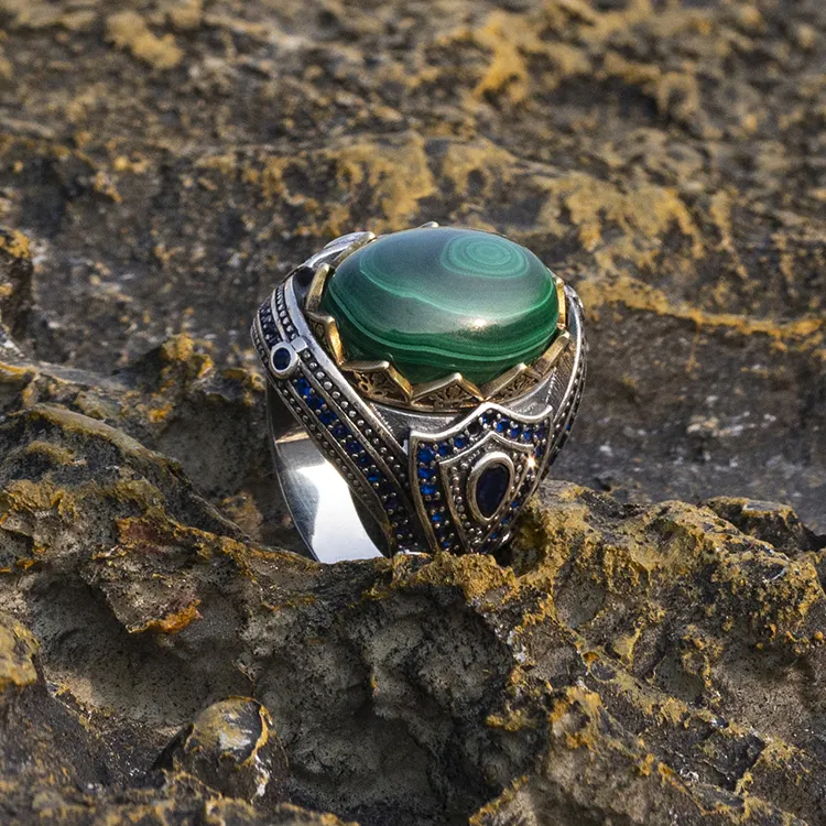Real 925 sterling silver turkish mens wedding fashion rings with Natural Malachite Stone Handmade Vintage Ring