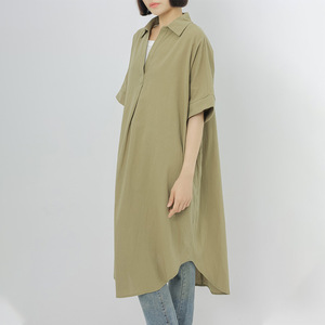 时尚纯色宽松V领女式连衣裙棉麻夏季上衣短袖大码OEM制造商 - Product Image 3
