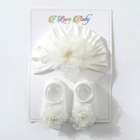 Conjunto de gorro elástico floral de algodón y poliéster transpirable unisex para bebé con calcetines con puntos adhesivos y diadema para recién nacido, calcetines de verano para el hogar