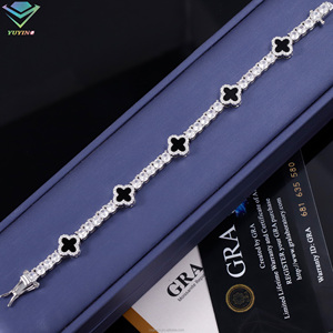 Yu Ying Design 925 Sterling Silver VVS Mossanite Diamond With Four Leaf Clover <strong>Black</strong> Agate Necklace Moissanite Tennis <strong>Chain</strong> - Product Image 4