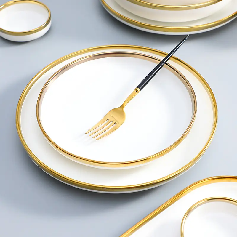 Nordic Modern Gold Rim White Ceramic Dinnerware Set round Sustainable Wedding   Home Party Dishes Plates Bowls