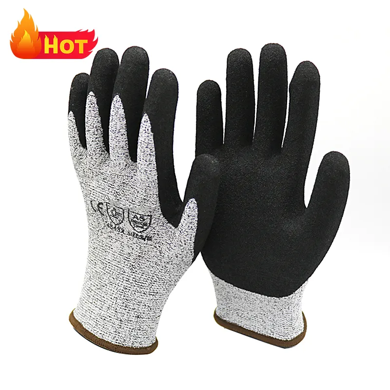 Great Grip En388 4544 Hppe Cut Resistant Level 5 Work Safety Gloves Anti Cut Sandy Nitrile Coated Hand Gloves