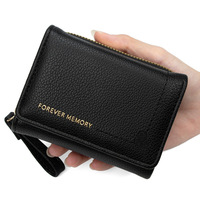Dompet PU Pendek Wanita dengan Ritsleting, Tempat Kartu Bordir Hati, Pola Huruf, Banyak Slot Kartu, Dompet Koin Poliester