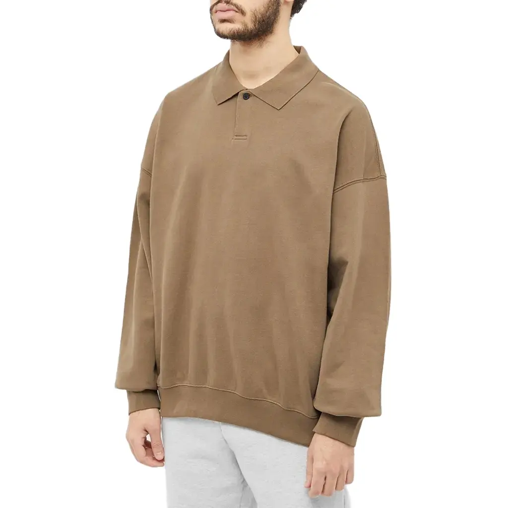 Soft Cotton Men Custom Casual Oversized Drop Shoulder Long Sleeve Polo Shirt For Men