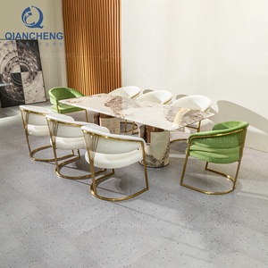QIANCHENG Bộ Bàn Ăn Đồ Nội Thất Gia Đình Bằng Thép Ss Bộ Bàn Ăn Đá Cẩm Thạch Thạch Anh Bán Buôn 6 Ghế Màu Vàng Kim - Product Image 1