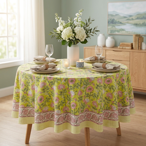 Round Floral Handmade Customizable Cotton <b>Tablecloth</b> Printed Modern Washable <b>Party</b> Use Home Dining Cover From Rajasthan - Product Image 2