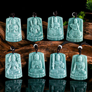 Pendentif Bouddhiste Guanyin en Tungstène, Jadeite Naturelle de Grade A, Bleu Eau, avec les Huit Grands Dieux Gardiens et les Douze Signes du Zodiaque Chinois - Product Image 1