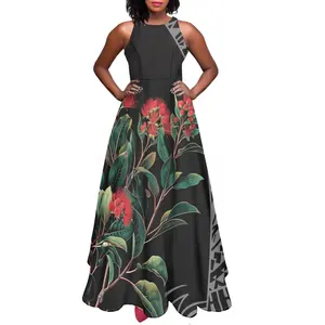 Vestido largo y elegante Hawaiano de tela sexy sin mangas, vestido personalizado de fabricante, pedidos pequeños, vestido de flores Pohutukawa para mujer