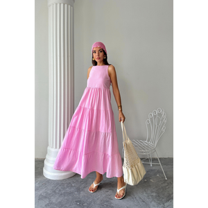 Robe longue en lin rose sans manches pour femme, style maxi décontracté, tenue d'été, taille S - Product Image 5