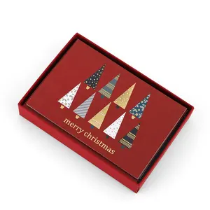 Luxe Custom Afdrukken Handgemaakte Papier Goud Folie Feestdagen Vrolijk Kerstboom Boxed Wenskaarten Met Enveloppen Set