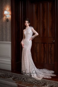 Nuevos Vestidos de Novia de Cuello Alto, Hermosos Vestidos de Novia Modernos Estilo Sirena con Flores Hechas a Mano, Vestido de Novia <span class=keywords><strong>Civil</strong></span> Modesto Color Marfil con Perlas para Recepción - Product Image 4