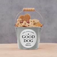 Seau cadeau de toilette de bain d'anniversaire de chien Mini personnalisé chien traiter rouge seau de nourriture pour animaux de compagnie en métal avec manche en bois