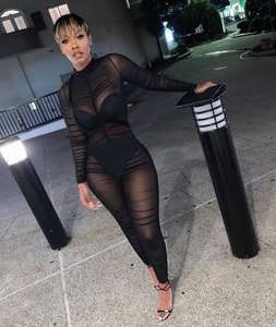 Mono Largo Negro <span class=keywords><strong>de</strong></span> Malla Transparente con Escote Alto y Mangas Largas, Traje Transparente para Fiesta o Club, Mono Largo con Pantalones - Product Image 4