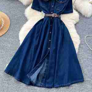 Vestido Midi Tipo Túnica con Cuello Camisero Vintage de Verano para Mujer, Vestido Vaquero Estilo Imperio - Product Image 3