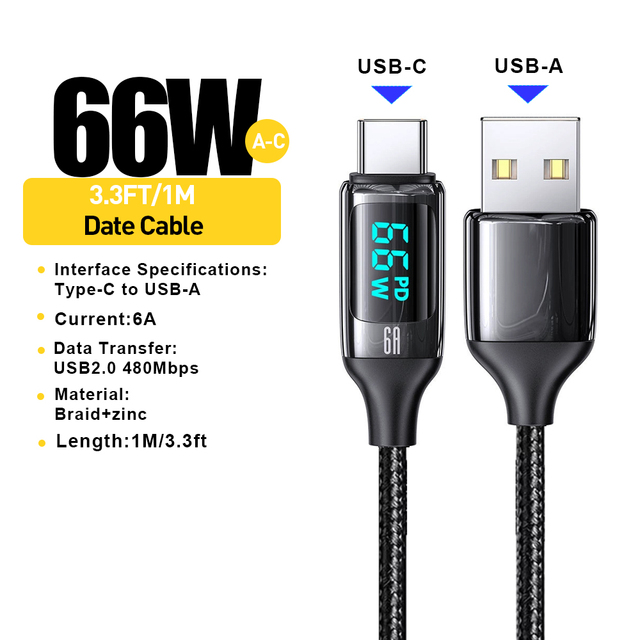 66W 6A LED Digital Display Quick Charge USB Type C Cable for IPHONE 16 Samsung Xiaomi Mi Huawei Fast Charging Charger