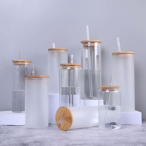 Wholesale Custom Logo 16Oz Beer Can Glass Cups With Clear <b>Plastic</b> Straw and Bamboo Lid for Dye Sublimation Heat Press - Product Image 1