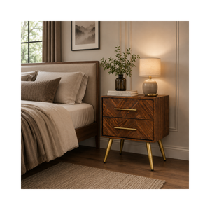 Modern <b>Rustic</b> Wooden <b>Bedside</b> <b>Table</b> Nightstand 2 Drawer Chevron Front OEM ODM Custom Supplier Direct Supply Bedroom Furniture - Product Image 1