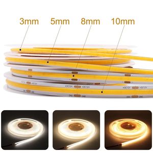 Tira de Luz <span class=keywords><strong>LED</strong></span> COB Flexible de Alta Densidad sin Puntos de Corte Libre CRI 90 de 3mm 5mm 8mm 10mm 5V 12V 24V 110V <span class=keywords><strong>220V</strong></span> - Product Image 1