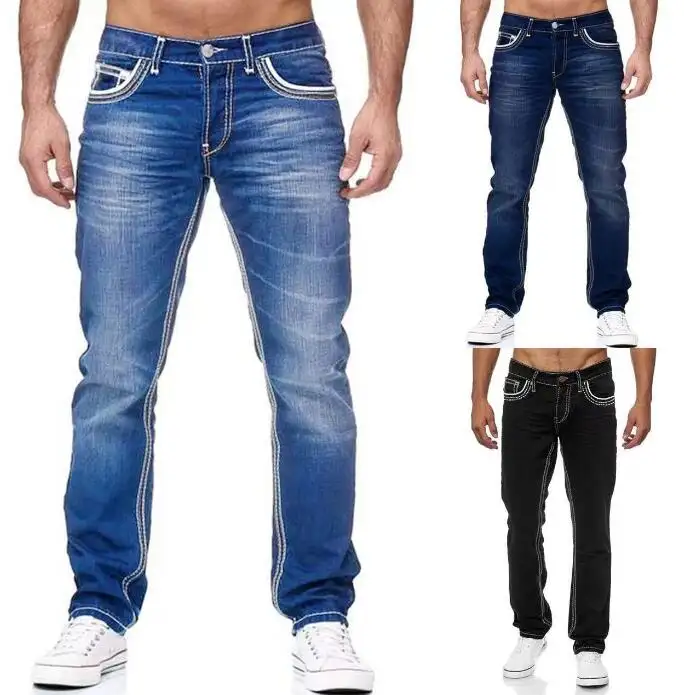 High Quality New Men's Clothes Slim Fit Jeans Double Line Pants Customized Logo Men Stretchy Denim Pants